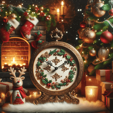 DALL·E 2023-12-13 14.44.50 - A festive Christmas-themed clock in a cozy setting. The clock, intricately designed with a golden frame, features a face adorned with Christmas motifs