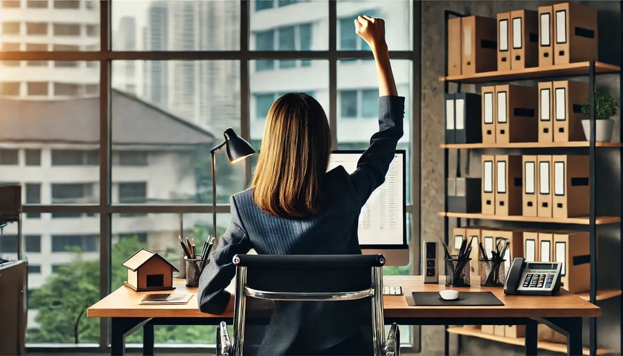 DALL·E 2024-09-13 12.29.51 - A woman sitting at a desk in an office, viewed from behind, raising her fist in a triumphant winning gesture with her left hand clearly visible. The o